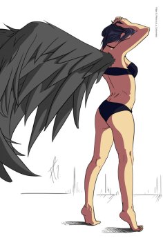 Desenhado através de referencia (corpo da mulher nu) e imaginação (asas)